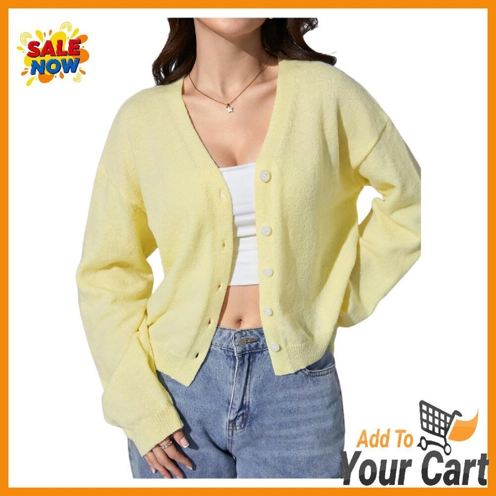 Knit Button Front Cardigan Drop Shoulder Loose Fit Long Sleeve Sweater